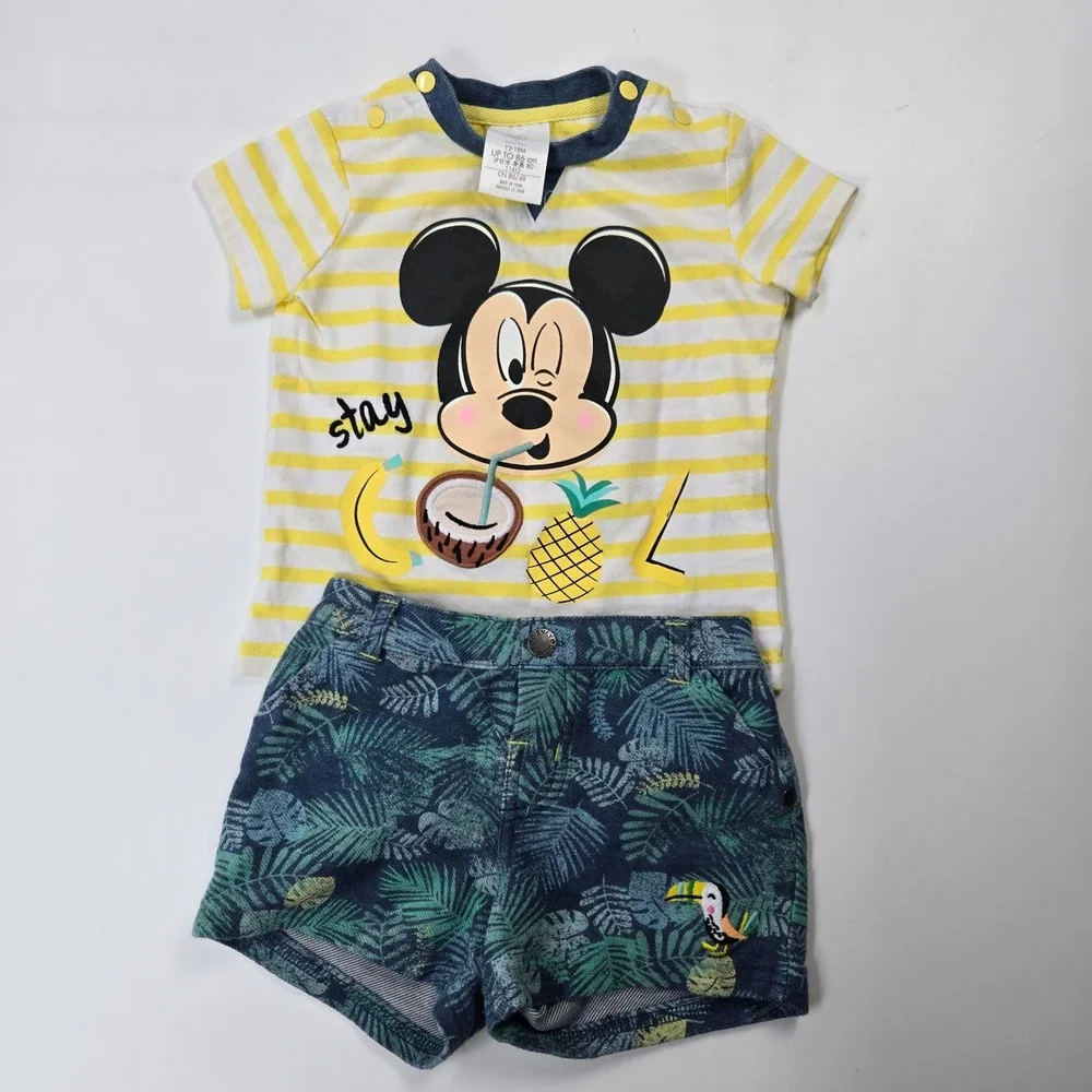 Disney Mickey Mouse Outfit Set Boys 12-18M Yellow Blue Tropical Shorts Summer